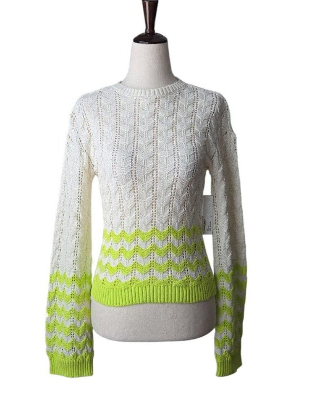 ABOUND Ivory Green Chevron Open Knit Cotton Sweater XXS NWT